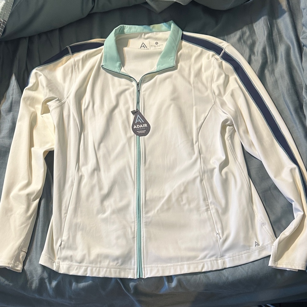Ada White Bomber Jacket with Mint Collar and Navy Shoulder Stripes